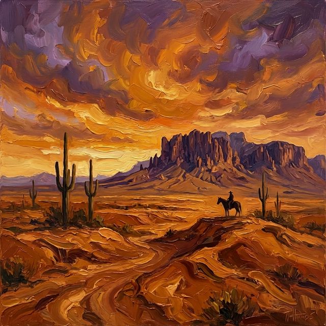 Arizona desert sunset with saguaro silhouettes (AI-generated illustration)