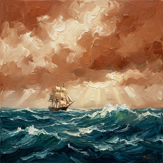 A sailing ship on the open Atlantic Ocean, 1860s, small against enormous waves (AI-generated illustration)