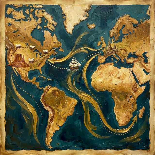 Four-continent migration map (AI-generated illustration)