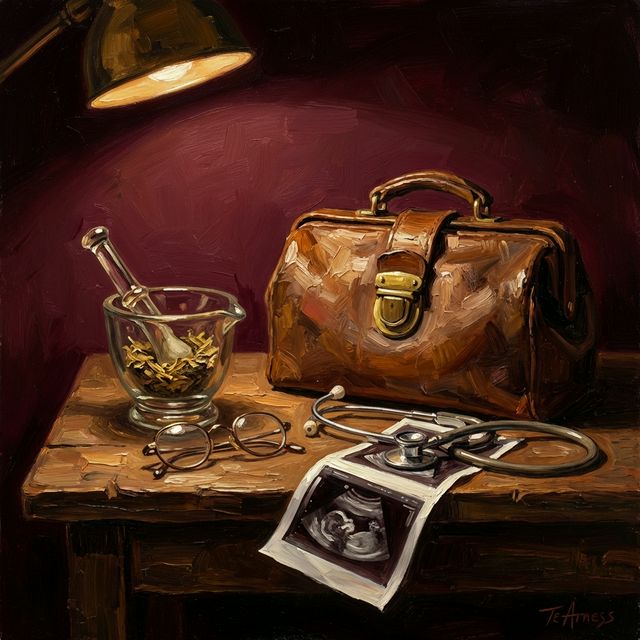 Still life of medical objects spanning four generations — mortar and pestle, spectacles, doctor's bag, stethoscope, and ultrasound printout (AI-generated illustration)
