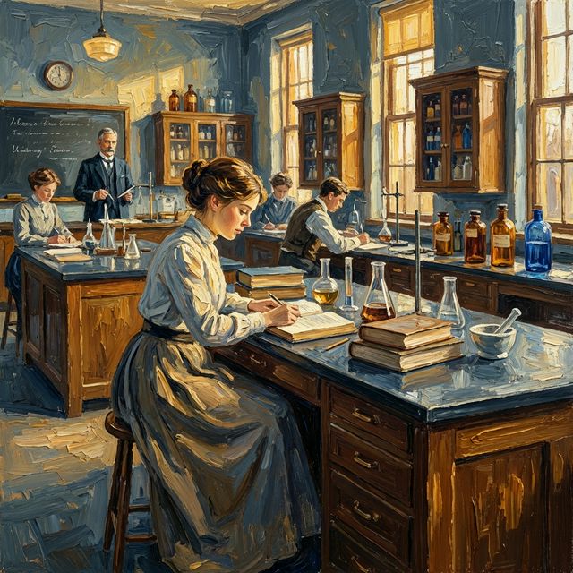Pharmacy school classroom, 1910s (AI-generated illustration)