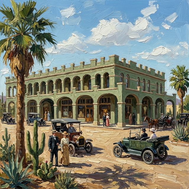 San Marcos Hotel construction site, Chandler, 1912 (AI-generated illustration)