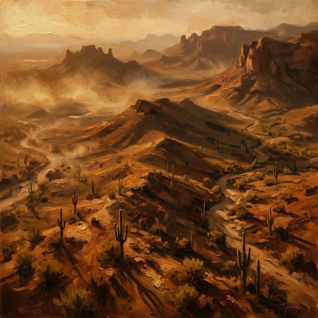Sonoran desert at golden hour — painterly oil texture